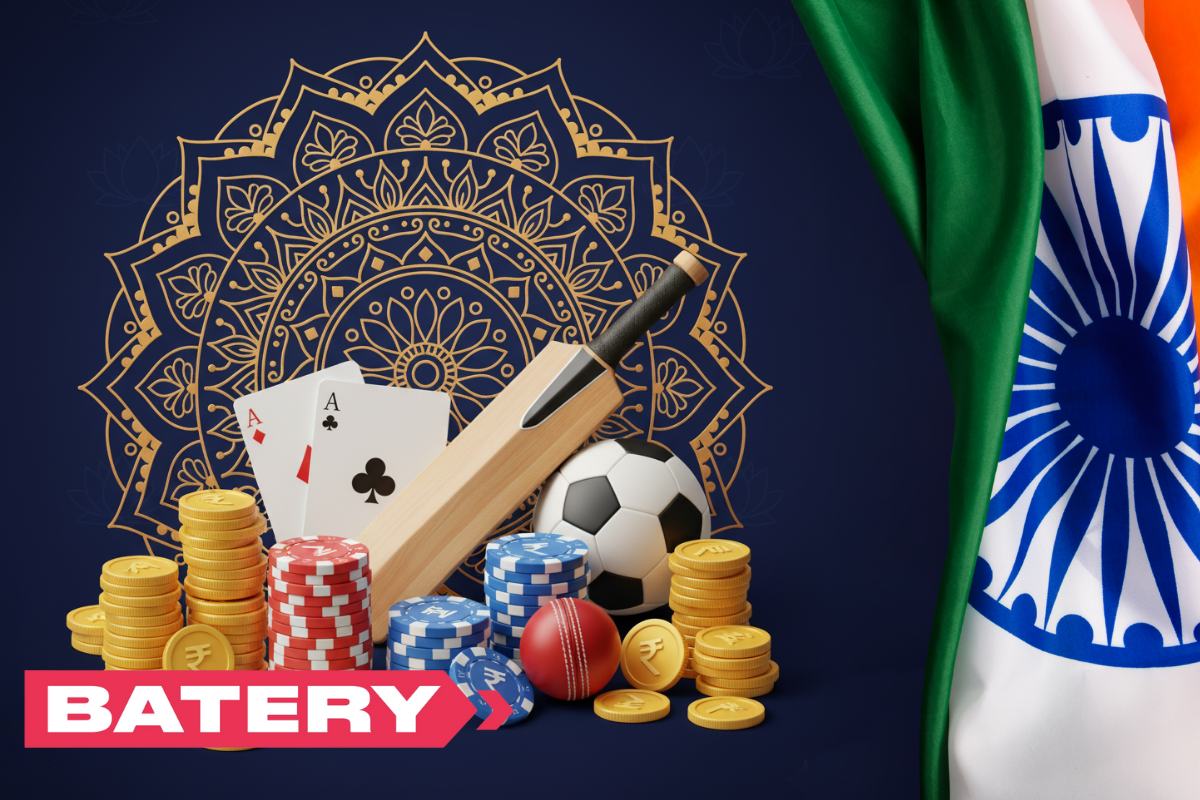 poker chips, cricket bat and gold coins on indian background