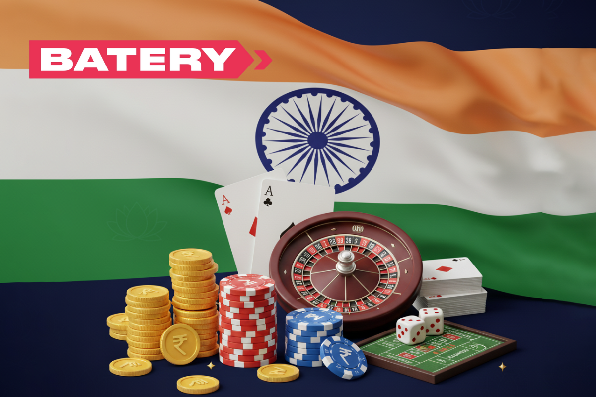 poker chips, casino games and gold coins on indian flag